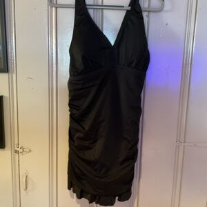 Black swim dress with ruching detail